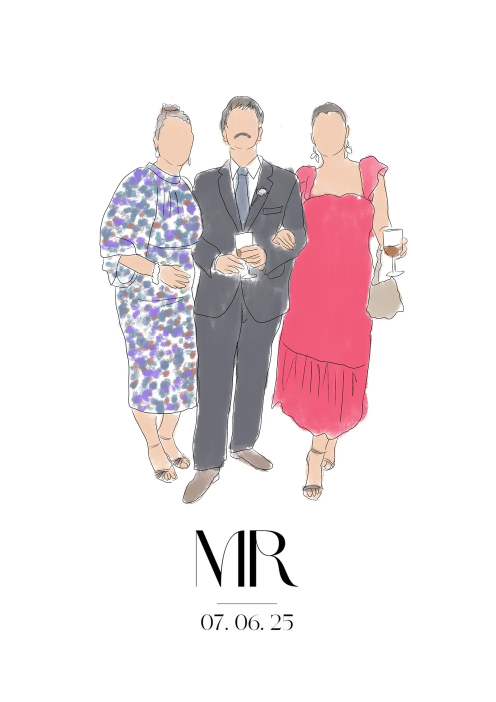 Ilustración en directo de tres invitados de boda, dos mujeres y un hombre del brazo, con el monograma MR y la fecha 07.06.25